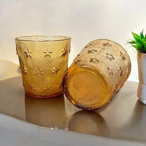 Vintage Pair Of Amber Glass Stars Pattern Handmade, Size 10 Oz. Made in Italy